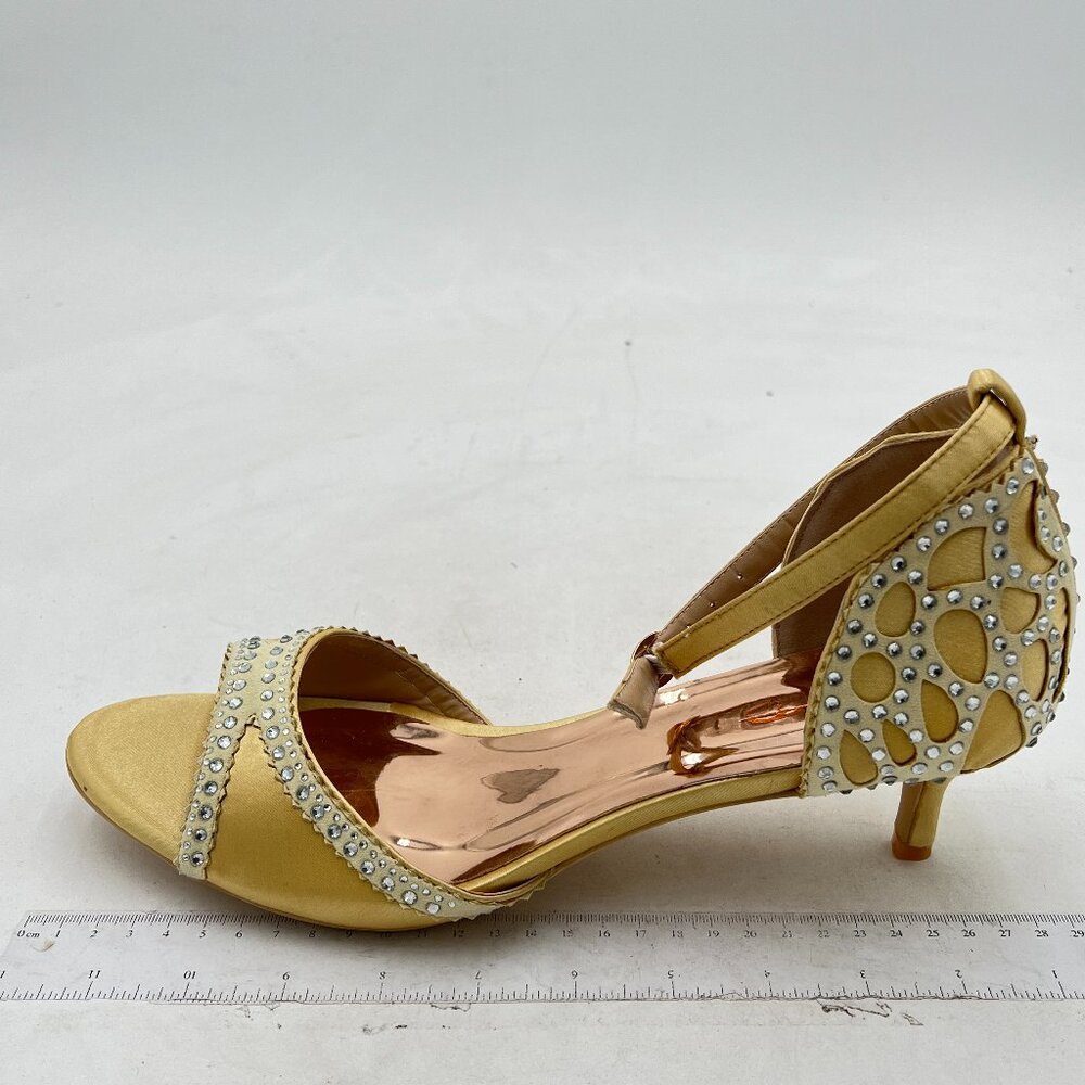 XYD Yellow Satin Rhinestone Kitten Heel Sandals